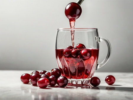 Cherry juice in a glass with cherries on a gray backgroundの素材