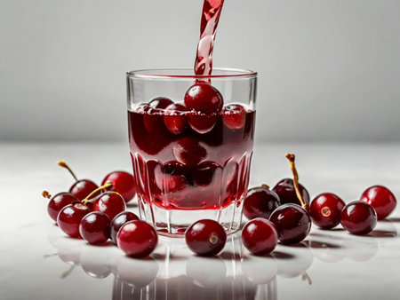 Cherry juice in a glass with cherries on a white backgroundの素材