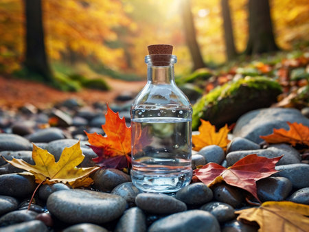 bottle of water and autumn leaves on the rocks in the forestの素材