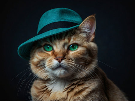 Portrait of red cat with green eyes in hat on black backgroundの素材
