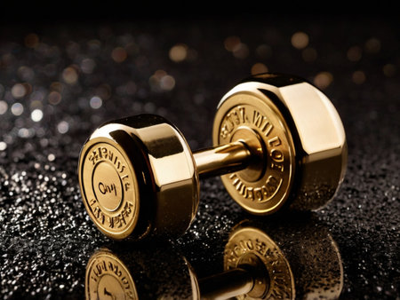 Gold dumbbells on a black background. Close-up.の素材