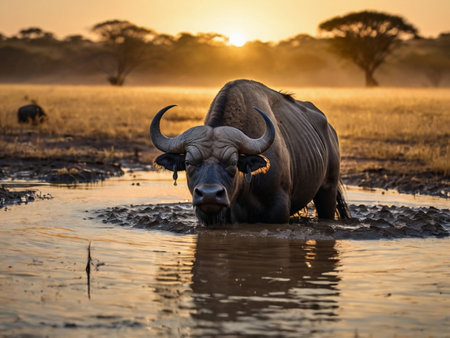 African buffalo drinking water in Chobe National Park, Botswana, Africaの素材