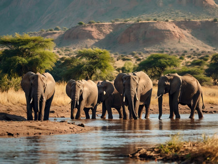 Elephants at waterhole in Chobe National Park, Botswana, Africaの素材
