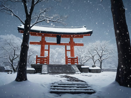 Fushimi Inari Taisha Shrine in Kyoto Japan during snowfallの素材