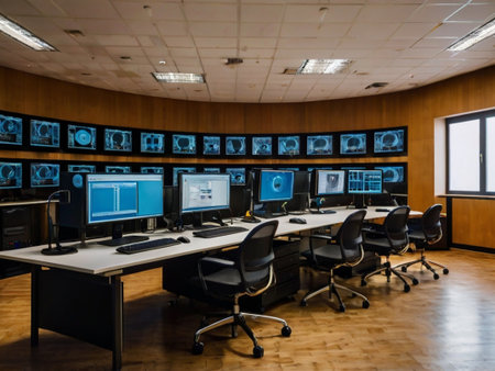 Interior of a modern office with computers and monitors. Nobody insideの素材