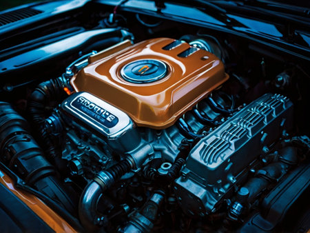 Close up view of the engine of a modern car. Selective focus.の素材