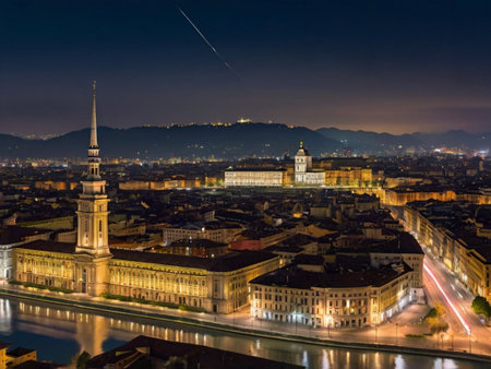 Panoramic view of the city of Turin at night, Italyの素材