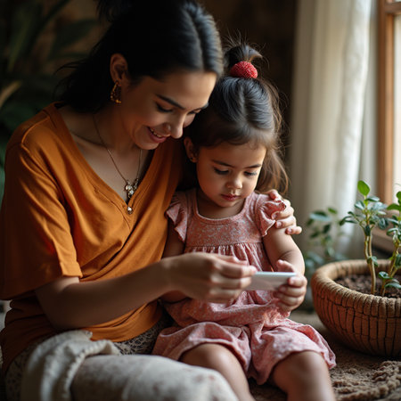 Mother and daughter sitting on the windowsill and using a mobile phoneの素材