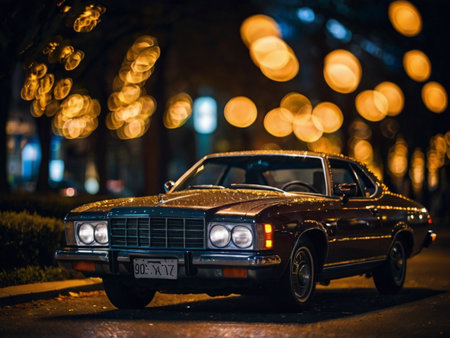 Old car on the street at night in the city. Retro styleの素材