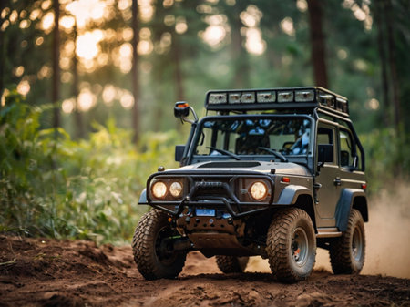 Racing off-road vehicle in the forest at sunset time.の素材
