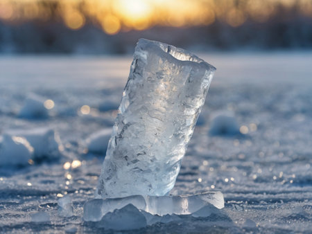 Ice hummocks on the frozen lake at sunset in winter.の素材
