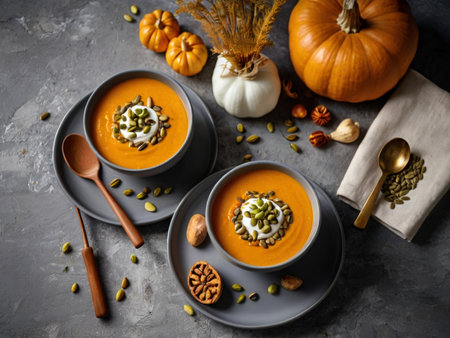 Pumpkin soup with cream, seeds and pumpkin seeds in ceramic bowls on a gray concrete backgroundの素材