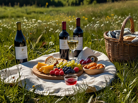 Picnic on the meadow with cheese, fruits and wine.の素材