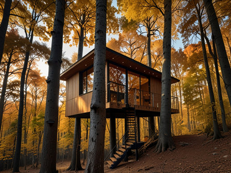 Wooden house in the forest during autumn season. Beautiful nature background.の素材