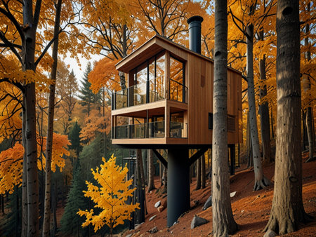 Wooden house in the autumn forest. 3D render. Conceptual image.の素材