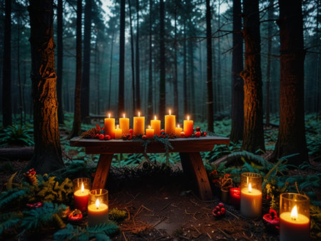 Wax candles on a wooden table in the forest at night.の素材
