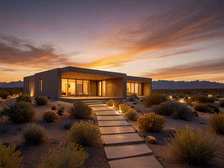 Sunset in the desert of Nevada with a view of the buildingの素材