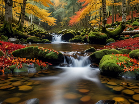 Autumn leaves and stream in the forest. Colorful autumn landscape.の素材