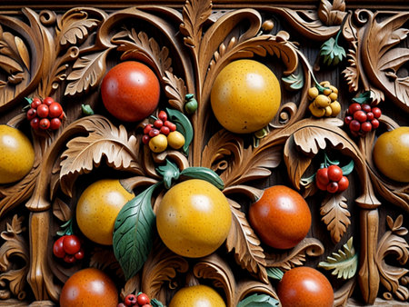 Wooden door decorated with apples and berries. Close up view.の素材