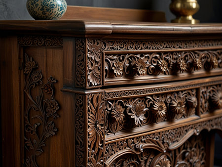 Wooden chest of drawers with carved ornaments close upの素材