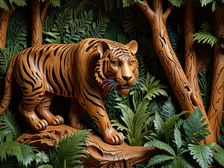 Tiger on a tree in the jungle. 3D illustration.の素材