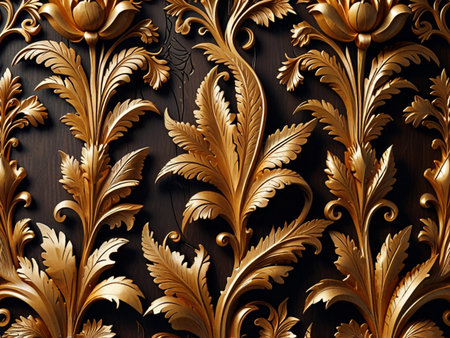 3D render of vintage gold floral ornament on wood wall background.の素材