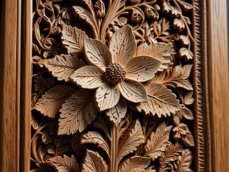Beautiful carved wooden ornament on the door. Close-up.の素材