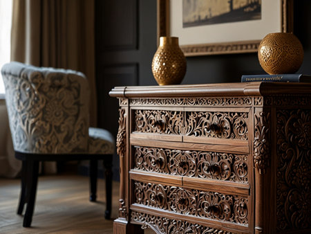 Wooden chest of drawers in the interior of the living roomの素材