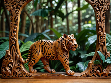 Wooden tiger statue on wooden table in the garden. Selective focusの素材