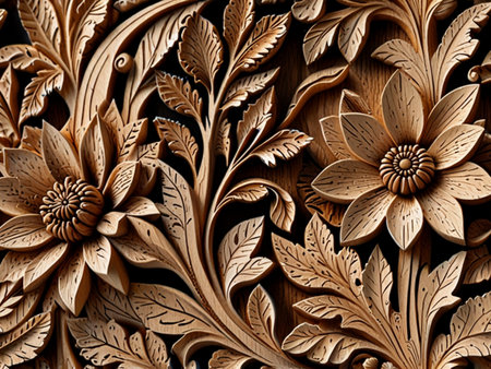 Wooden texture with floral ornament. 3d rendering, 3d illustration.の素材