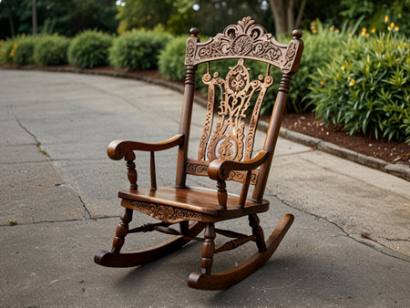 Wooden rocking chair in the garden. Vintage rocking chair in the garden.の素材