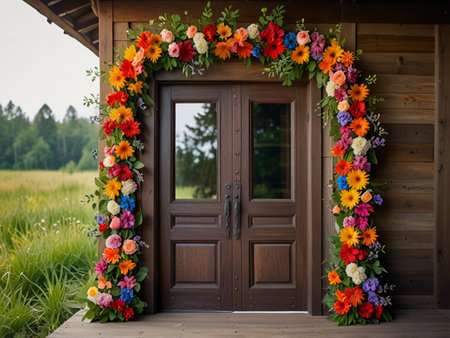 Wedding arch decorated with flowers and ribbons on wooden doorの素材