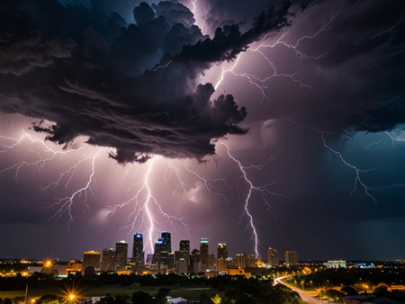 Thunderstorm over the city, lightning strikes in the night sky.の素材