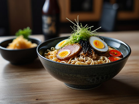 Japanese ramen noodle with egg in a bowl on wooden tableの素材