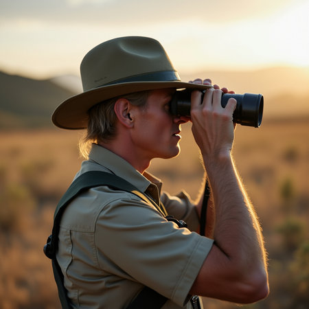 Young male explorer looking through binoculars while standing in the fieldの素材