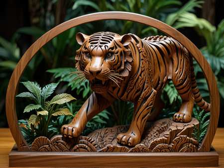 Wooden tiger statue in the garden, closeup of photo.の素材