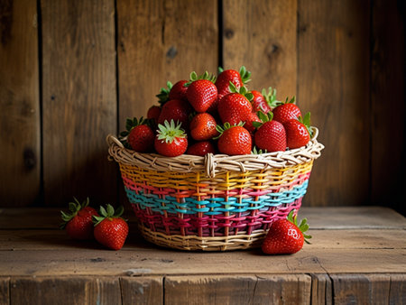 Strawberries in a wicker basket on a wooden background.の素材