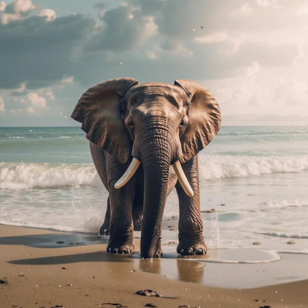 Elephant on the beach in Sri Lanka. Vintage style photo.の素材