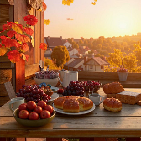 Breakfast on the terrace with croissants and fruits.の素材