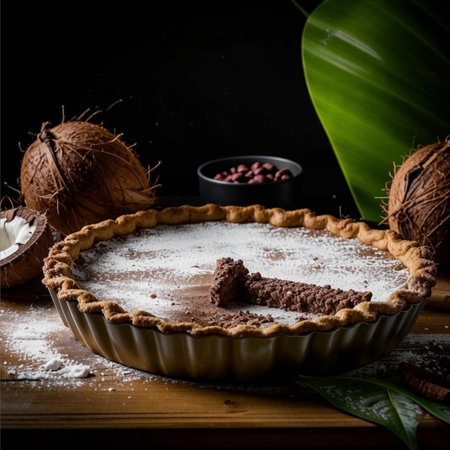 Chocolate tart with coconut on wooden table. Selective focus.の素材
