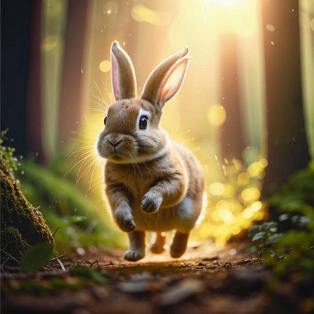 Cute little rabbit running in the forest at sunset. Easter bunnyの素材