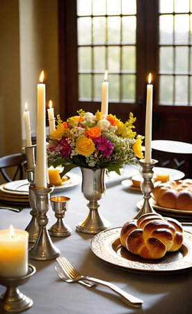 Festive table setting with flowers, candles and croissants.の素材