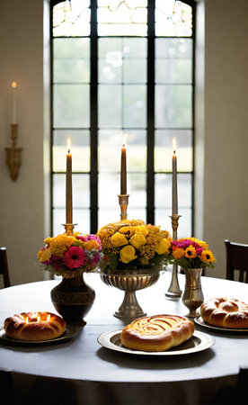 Table set for wedding or another catered event dinner with candles and flowersの素材