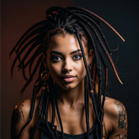 Beautiful african american woman with dreadlocks on dark backgroundの素材