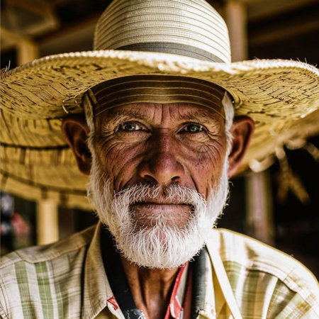 Old man with white beard and mustache wearing a straw hat in the villageの素材