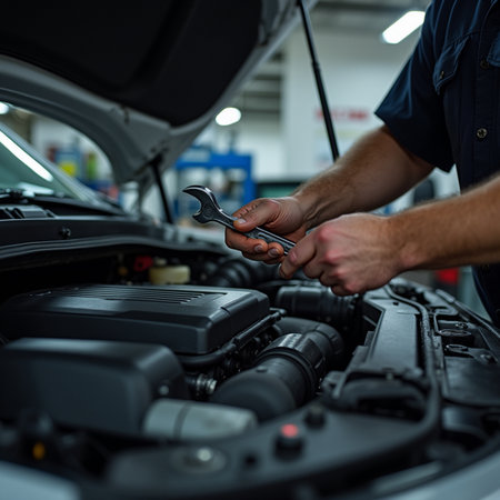 Cropped image of auto mechanic working with wrench in auto repair shopの素材
