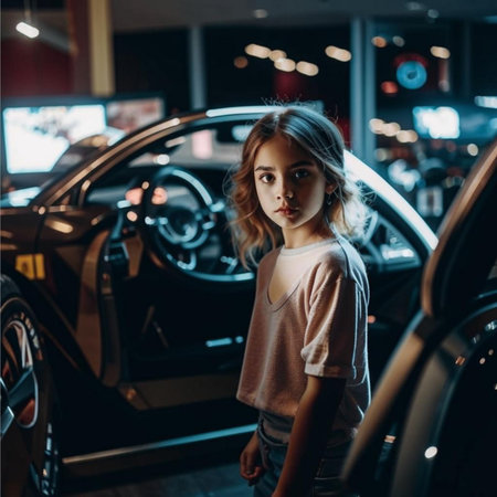 Portrait of a beautiful little girl in a car salon. Beauty, fashion.の素材