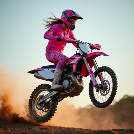 Motocross rider in action on the race track at sunset.の素材
