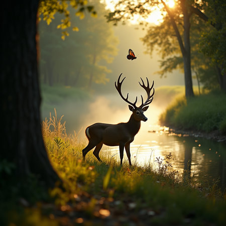 Deer in the morning mist at sunrise with a butterfly in the forestの素材