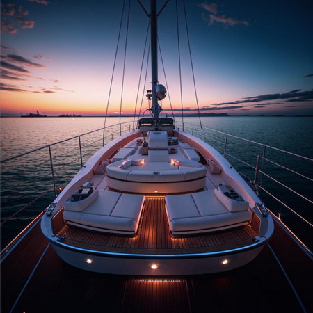 Beautiful sunset on a yacht. View from the deck to the bow.の素材